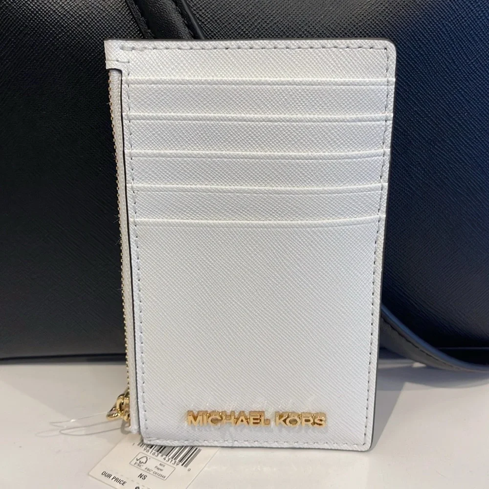 MICHAEL KORS Jet Set Travel Md Top Zip Leather Card Case Wallet  Optic White
